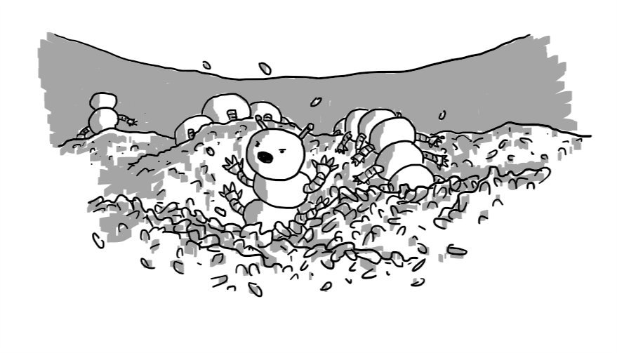 A landscape of rice within a vast bowl is assailed by a long robot made of jointed sphered with a pair of arms on each like a centipede. It's coiled around and under hillocks of rice and its head end is bursting out in the foreground, yelling furiously as it waves its arms and scatters grains everywhere.