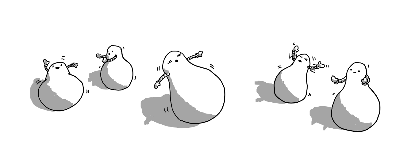 Five pear-shaped robots blanced precariously on their rounded bottoms. Their faces are at the narrow end and they each have a pair of banded arms sticking out just above their 'waists'. They are in various states of distress as they lean at extreme angles, waving their arms in an attempt to right themselves.