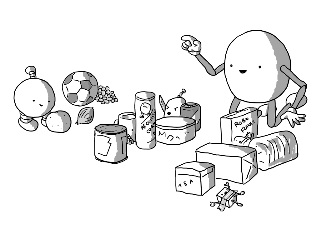 A smiling, ovoid robot with jointed arms and legs counting off three groups of objects. One is spheres (grapes, a football, an onion, an orange and Mondaybot). The next is cylinders (a can, a tube of parabola-shaped chips with a mustachioed Bigbot logo, a tub, a drinks can, Teabot and Onionbot). The last is cuboids (a box of tea, a loaf of bread, another box, cereal and a taped-down Mischiefbot).