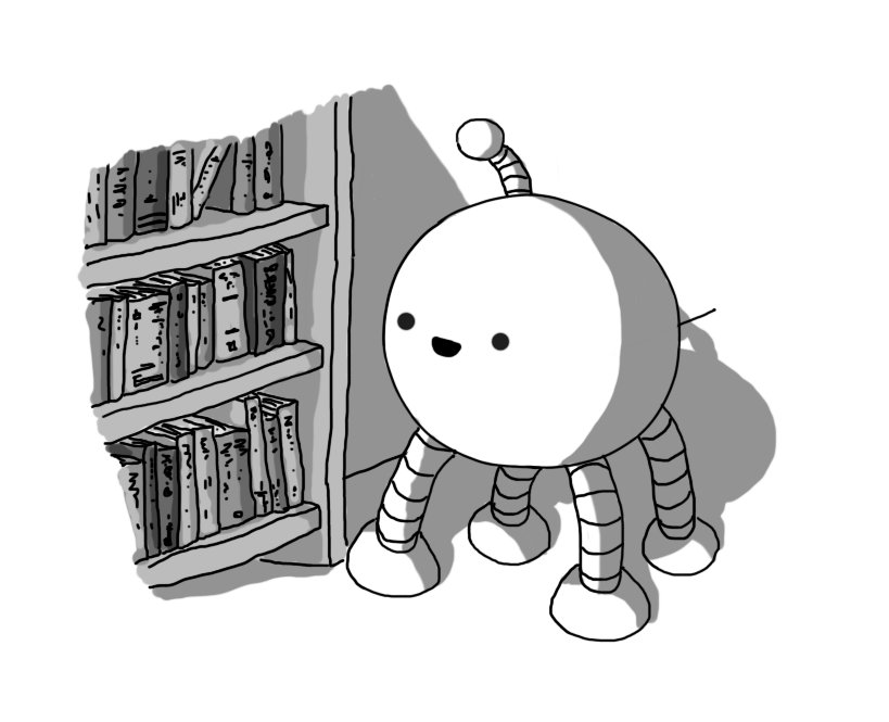 A spherical robot with four long, banded legs and an antenna. It's standing beside a bookshelf, looking at the books and smiling.