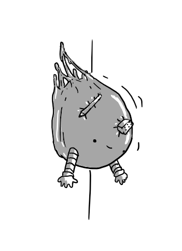 An amorphpus, globular robot with two banded arms adhered to a vertical surface from which it is slowly peeling away, trailing strands of goo behind it. A Lego block and a pencil are stuck to it and it's smiling happily.