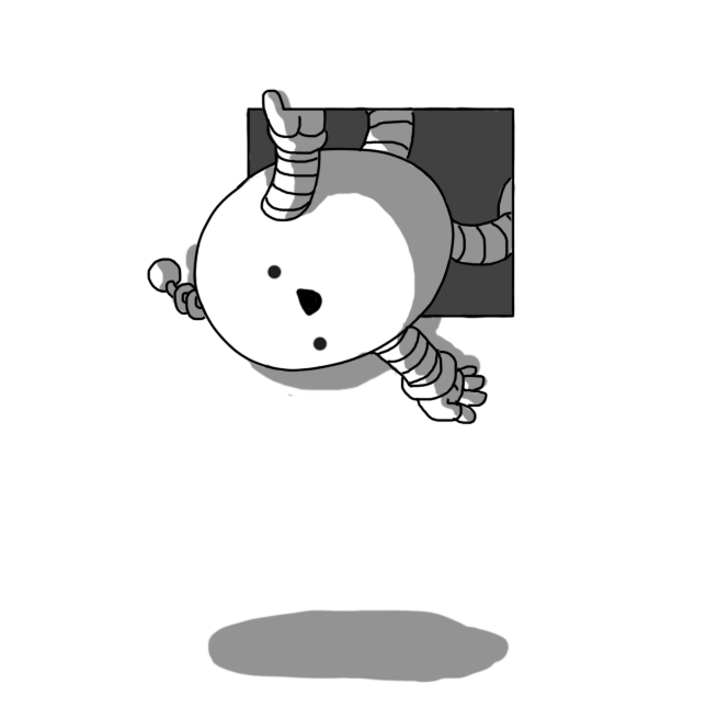An ovoid robot with banded arms and legs and a coiled antenna, clambering out of a rectangular gap. It's angled slightly downwards, holding onto the top edge of the gap with one hand and smiling as it levers itself out.