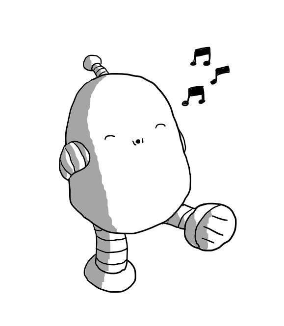 A round-topped robot with banded arms and legs and an antenna, walking along with its hands folded behind its back, whistling contentedly with its eyes closed.