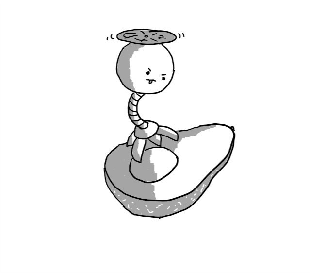 A spherical robot held aloft by a propeller on its top, with a single limb on its bottom that ends in a large, grabbing claw. It's hovering over a halved avocado, its claw just about to close on the protruding stone, with an expression of intense concentration, complete with sticking out tongue.