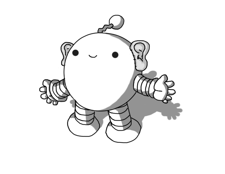 A round robot with banded arms and legs and a zigzag antenna. It has human ears attached to its sides and looks pretty happy about it.