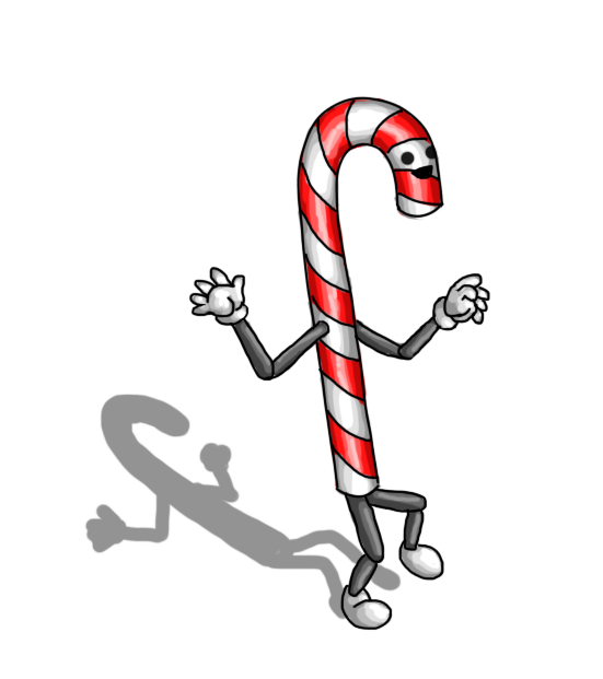 A robot in the form of a red- and white-striped candy cane, with jointed arms and legs and a smiley face on the topmost curved section.