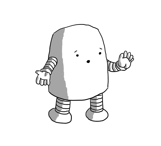 A rounded, rectangular robot with banded arms and legs, holding up one hand and gesturing with the other as if explaining something. Its facial expression looks concerned and apologetic.