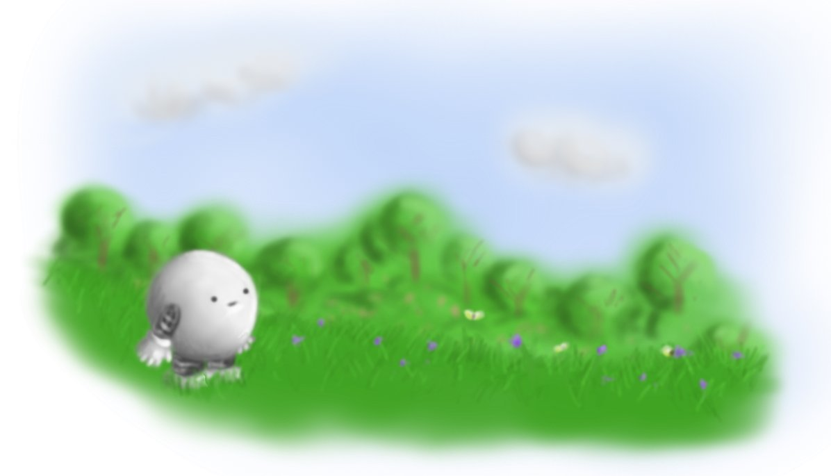 A full-colour art piece, depicting a small round robot in a grassy meadow, watching butterflies flit around some purple flowers. In the background are trees and bushes, and a pale blue sky with a couple of clouds hangs overhead.