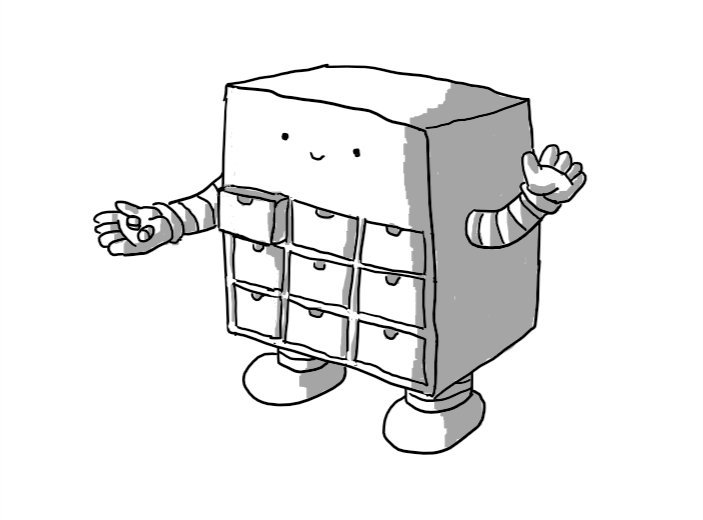 A cuboid robot with nine little drawers built into its front. It has banded arms and sturdy banded legs and is waving with one hand while the other holds out some pills. Its upper right drawer is fractionally pulled out.