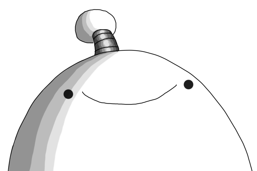 The upper part of a robot with a banded antenna. It has an enormous, vacant smile on its face.