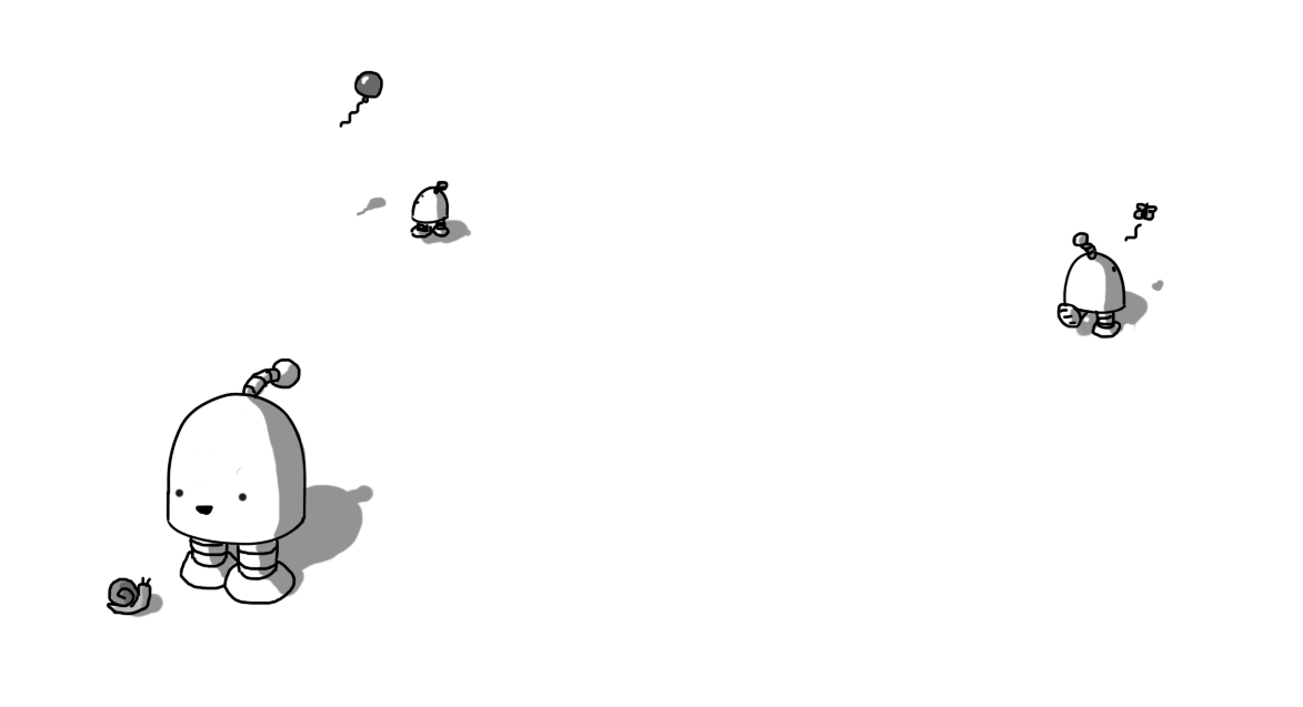 Three round-topped robots with banded legs and antennae, all spread out across the frame. The one nearest the front is smiling down at a snail, one on the right is chasing after a butterfly, and the rearmost one is looking up at a balloon that's floating by.