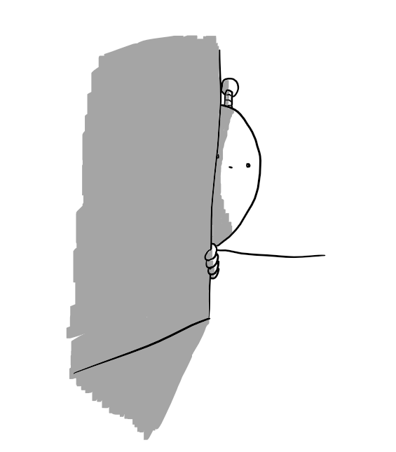 A round robot with an antenna peeking out from behind a wall with an ambivalent expression on its face.