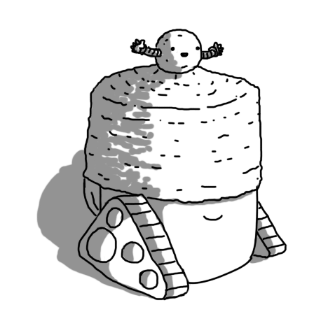 Teabot wearing a sort of semi-cylindrical woolen cap that covers its eyes. On top of the cap is a spherical bobble (also woolen) that is a robot with a happy face and two outstretched banded arms.