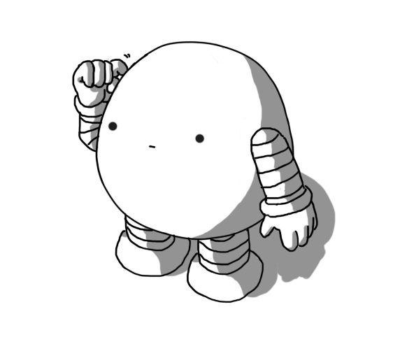 A spherical robot with banded arms and legs and a blank expression on its face. It's scratching idly at the side of its head/body.