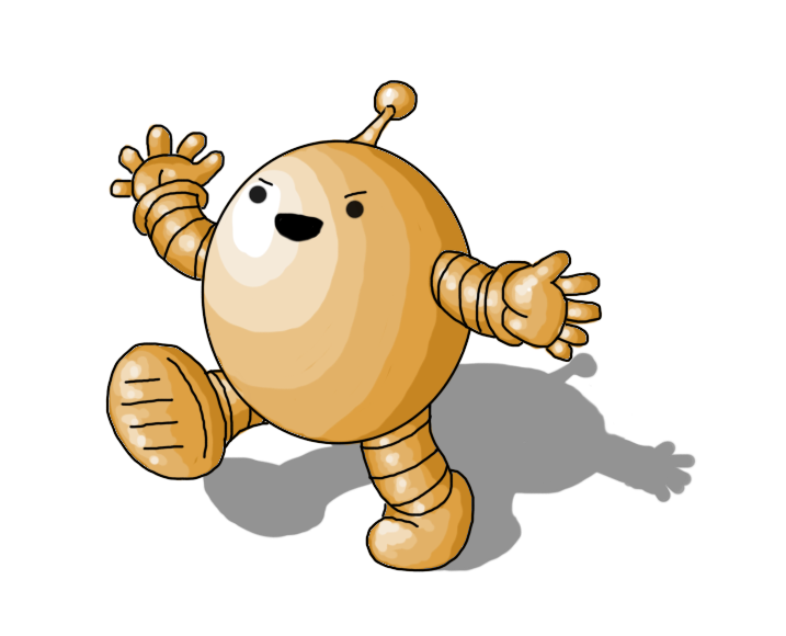 An ovoid robot with banded arms and legs and an antenna, coloured in metallic brown-gold, walking along with a big, menacing smile on its face, one leg extended and one hand waving in the air, as if kicking down a door.