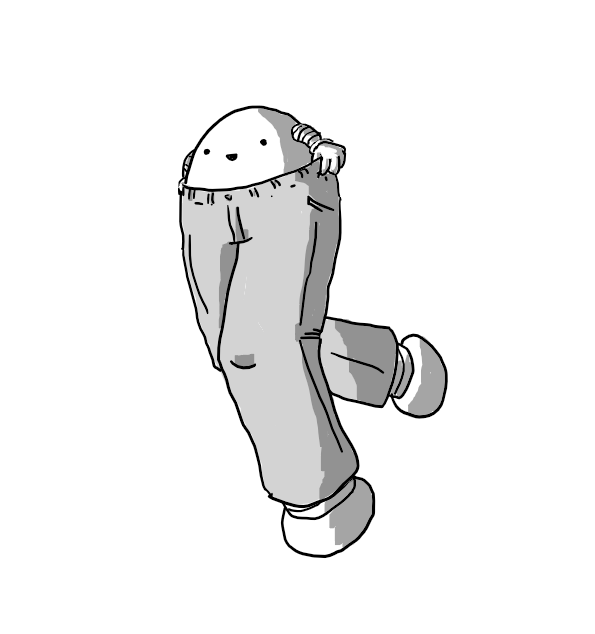 A happy round robot, poking out the top of a pair of jeans. Its banded legs seem to fill the jeans' legs with its feet protruding from the cuffs at the bottom.