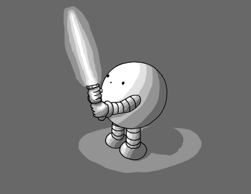 A spherical robot with banded arms and legs, holding a lightsaber and looking up at it in wonder. The robot is standing in darkness with the saber as the only source of illumination, and its glow is reflecting off its surface.