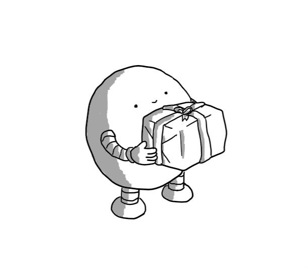 A round robot with banded arms and legs, smiling and proffering a gift-wrapped box.
