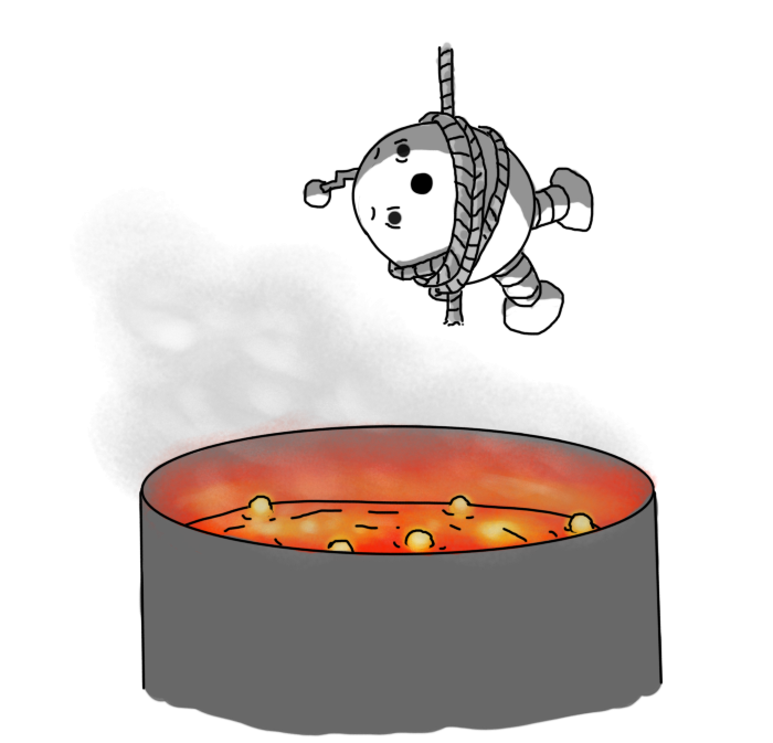 An ovoid robot with banded legs and a zigzag antenna, suspended over a vat of some glowing orange, bubbling substance that is giving off clouds of smoke or steam. The robot looks very alarmed and is waving its legs in desperation.