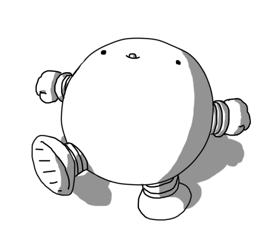 A very round robot with short, banded arms and legs waddling along and sticking out its tongue while wearing an otherwise somewhat vacant expression.