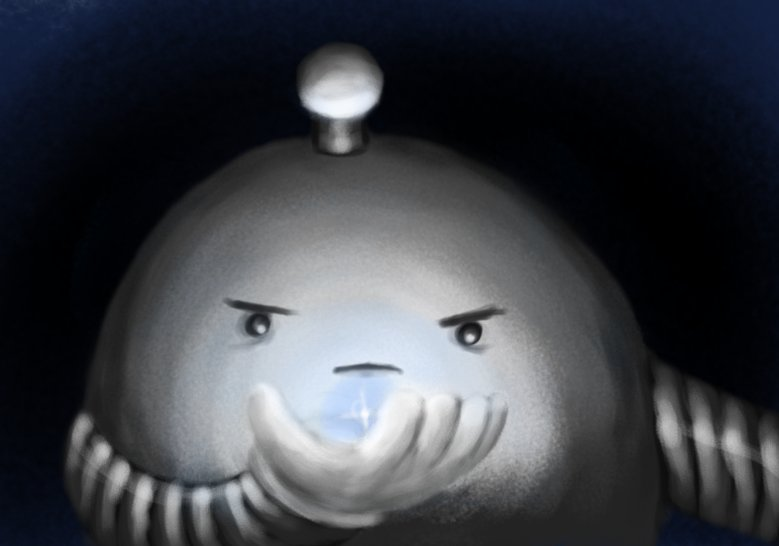 A full-colour pastel drawing of a round robot with an antenna, framed from the waist up, standing in darkness. It looks sternly down at a bright, bluish light cupped in its hand, which illuminates its face.