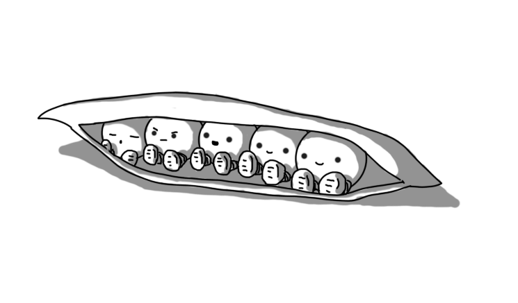 An open pod of peas lying on the ground, where the five peas are little spherical robots with banded legs. They're all sitting close together, looking out with their feet in front of them. Three of them are smiling, one looks a bit angry, and the leftmost one is asleep.
