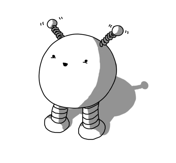 A spherical robot with banded legs and two coiled antennae on its top that are wobbling slightly.