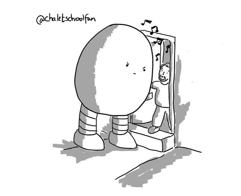 A large, egg-shaped robot with two sturdy, banded legs standing by a doorstep and glaring down at the shocked man opening the door as musical notes drift out.