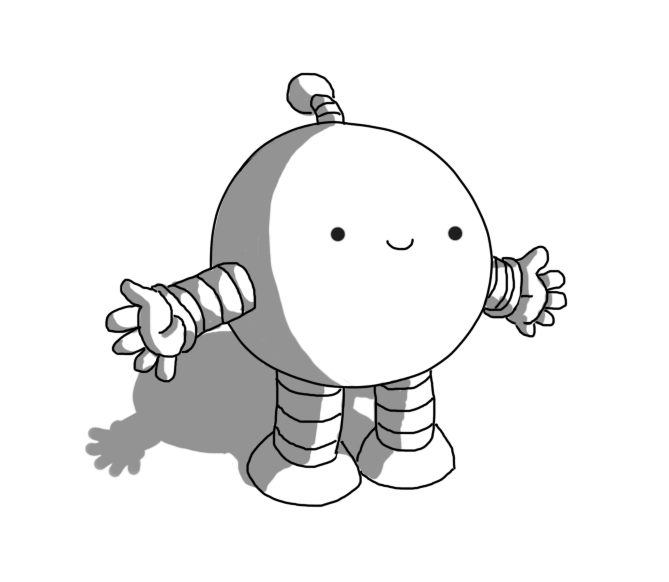 A smiling spherical robot with banded arms and legs and an antenna.