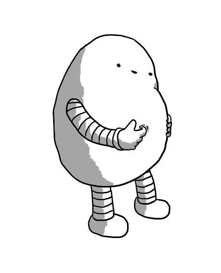 A rounded robot with banded arms and legs and a pot belly, complete with belly button. It's poking a finger in its belly button and smiling down at itself.