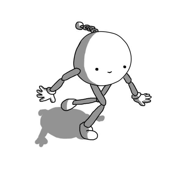 A spherical robot with jointed arms and legs and a coiled antenna, skipping along happily.