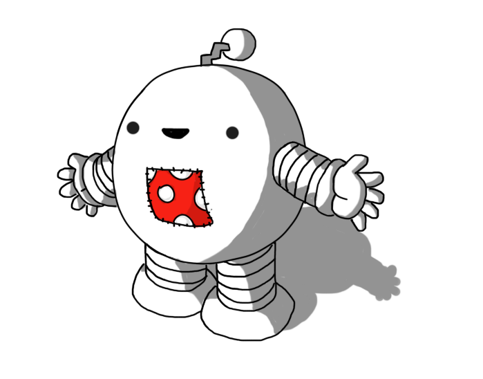 A round robot with banded arms and legs and a zigzag antenna, smiling and holding out its arms. On its tummy is stitched a little square patch of red material, patterned with white dots.