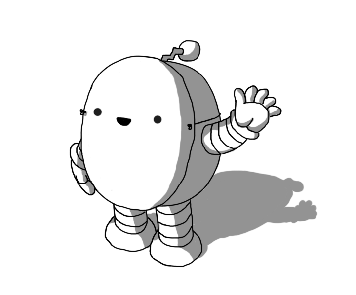 A round robot with banded arms and legs and a zigzag antenna, wearing a flat, round paper mask over its face/body, secured with elastic. The mask has a smiling face on it, exactly where the robot's actual face would be.