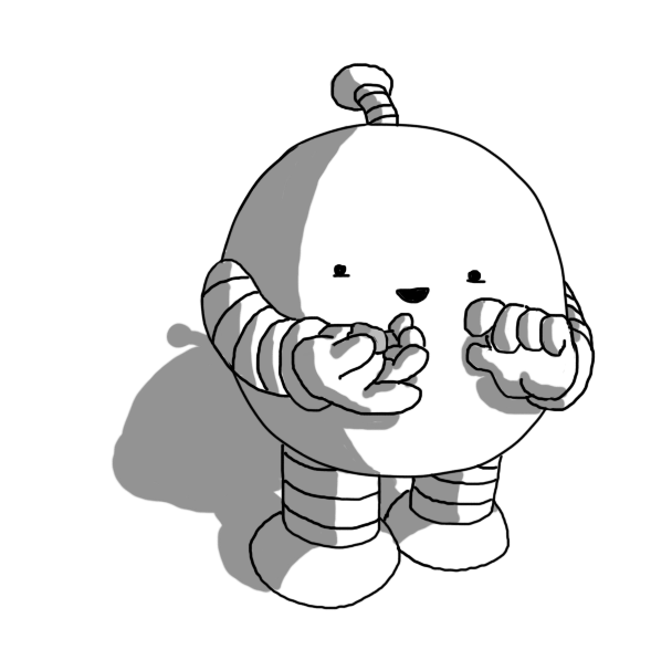 A round robot with banded arms and legs and an antenna, cradling a small pebble in one hand and looking down at it happily.