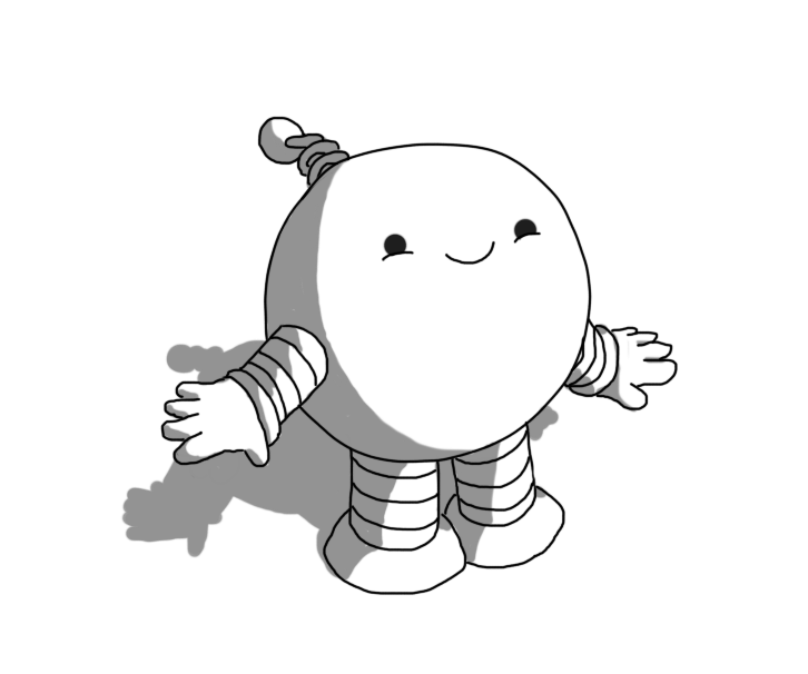 A spherical robot with banded arms and legs and a coiled antenna. It's holding out its arms and it has a satisfied smile on its face.