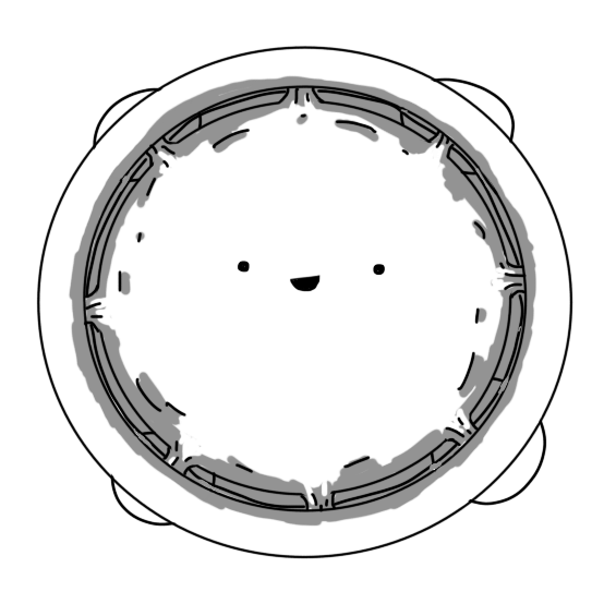 A robot in the form of a circular trampoline, viewed from directly above. Its smiling face is on the mat, which is connected to the frame by eight stretched connections, and it has four feet visible around its edges.