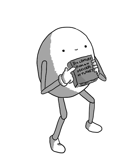 An ovoid robot with jointed arms and legs smiling and holding up a book with the title "3rd CENTURY ROMAN OFFICERS OF TURKEY".