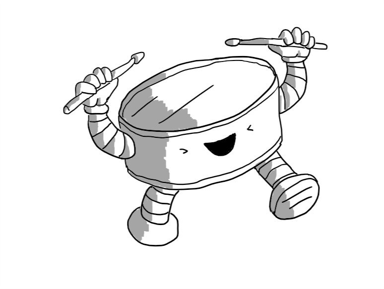 A robot in the form of a drum, with drumsticks in its hands, beating the top of its head which is the drum's skin. Its eyes are screwed shut and its mouth is open in a joyous yell.