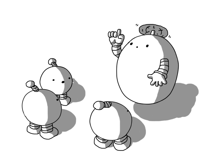 An ovoid robot with banded arms, held aloft by a propeller on its top. It's hovering in front of three Mondaybots, holding up a finger and explaining something.