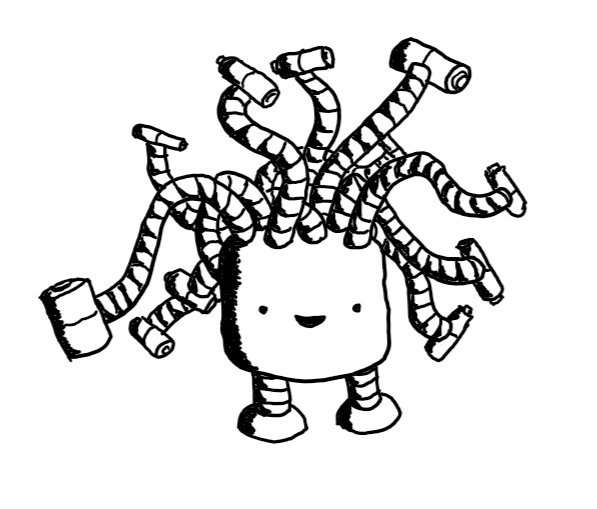 A squat, cylindrical robot with two short legs and multiple banded cords sprouting from its top, waving and curling in all directions. The cords are tipped by battery-shaped connectors of various sizes, attached perpendicularly. The robot seems very pleased with itself.