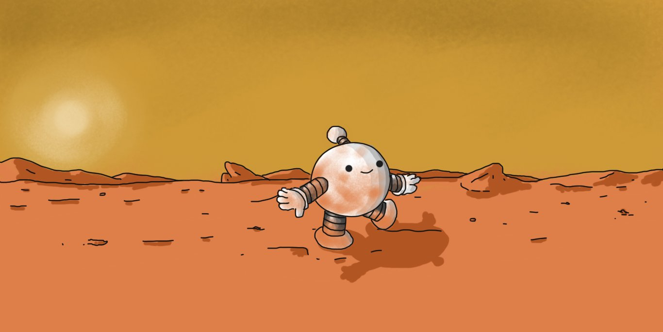 A spherical robot with banded arms and legs, strolling cheerfully across the surface of Mars: a barren, rocky, red-brown plain beneath a toffee-coloured sky. The robot is partially covered with smears of dust the same colour as the ground.
