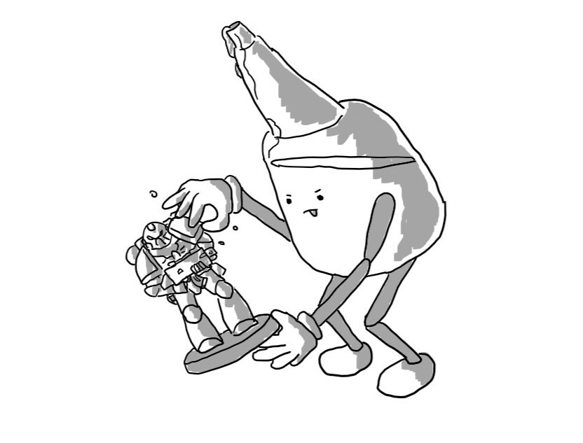 A robot transparent bottle of superglue with a top-mounted nozzle. It has jointed limbs and is in the process of sticking a shoulder pad to a Warhammer 40,000 Space Marine miniature, its tongue sticking out in concentration.