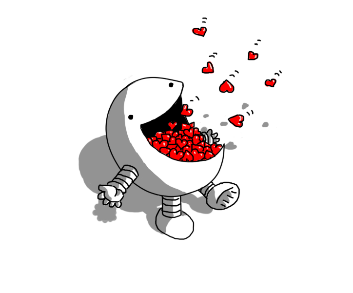 A round robot with banded arms and legs and a wide, smiling mouth. Red love hearts are raining down on it and have piled up in a large heap in its open mouth.