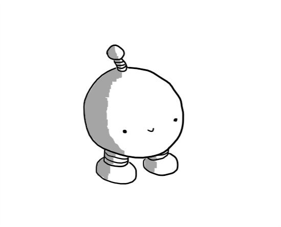 A spherical robot with a little smiley face, short stumpy legs and a little antenna on top.