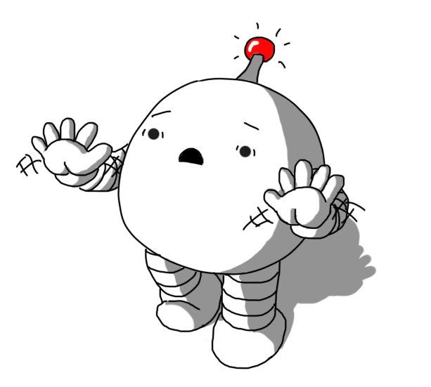 A round robot with banded arms and legs and a panicked expression on its face. It's desperately waving its hands in warning while the tip of its antenna flashes bright red.