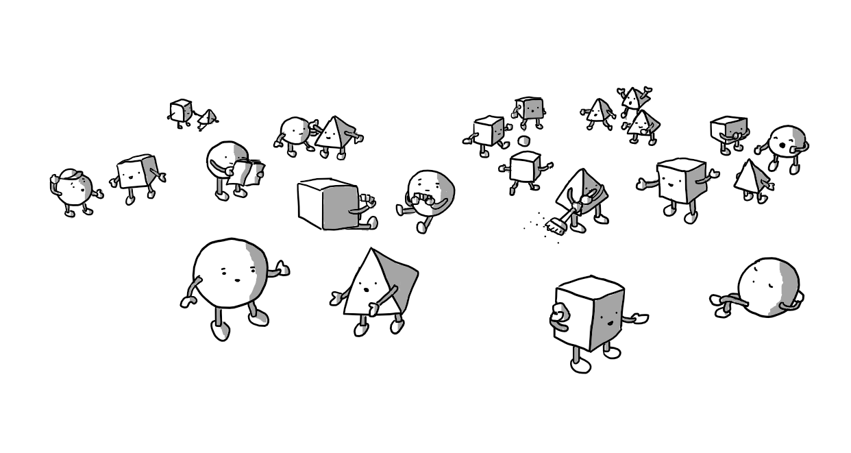 A number of robots, some spherical, some cubic, some pyramidal, performing various activities. Two are having a conversation, one is on a phone, one is having a nap, two are playing cards, one is sweeping, one is singing to an audience of two others, a small group are playing football, one is reading, one is helping another up off the ground, one is trying on a hat to the approval of another.