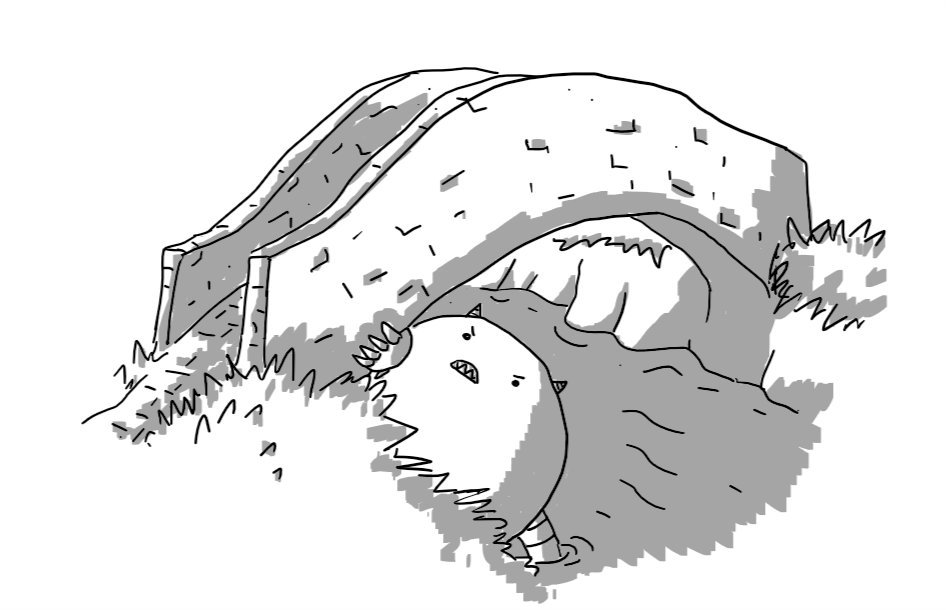 A stone humpback bridge spanning a river, with a large round robot peering out from beneath the near end, one hand gripping the bridge's underside, the other submerged in the water. It's grimacing and showing off pointed teeth and has two little horns, banded like its arms.