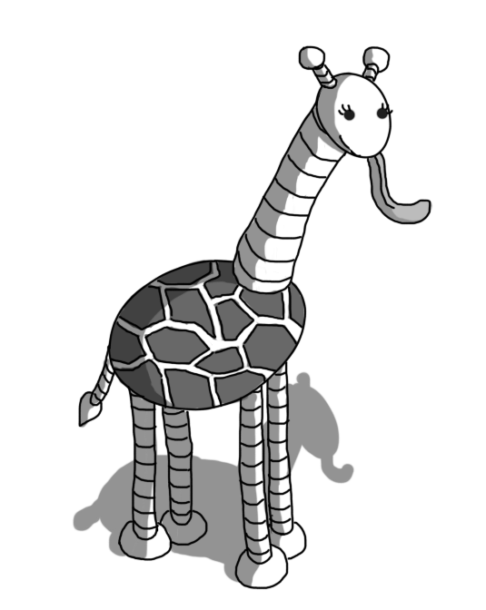 A robot giraffe. It has an ovoid body, long, banded legs and a long, banded neck, with an ovoid head. It has two antenna and a little tail, plus a long tongue curling out of its smiling mouth. It has long eyelashes. Its body is decorated with interlocking irregular polygons in a darker shade.