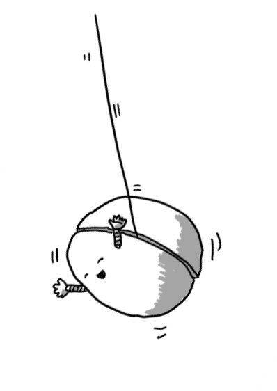 A robot in the form of a yo-yo with a face and two little arms on one half. It's throwing its hands up and making a delighted face as it drops downwards on its string.