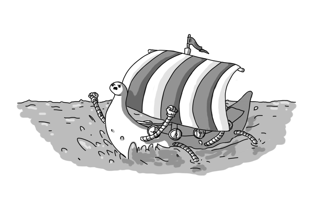 A robot in the form of a viking longship. Its head is on the curled-over figurehead, it has a large striped sail billowing outwards, shields hung along its gunwales and in place of long oars it has banded arms, paddling it through the sea. It looks furious as it kicks up ocean spray in its wake.